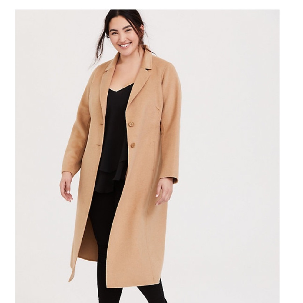 Taupe woolen button front duster coat from torrid